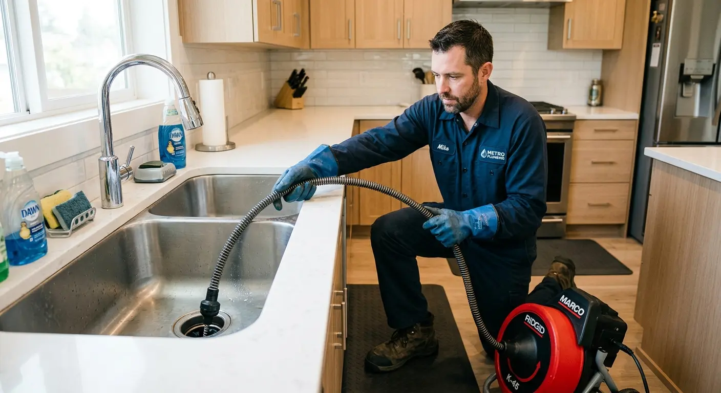 Drain cleaning technician using a motorized snake on a kitchen sink in Leesburg