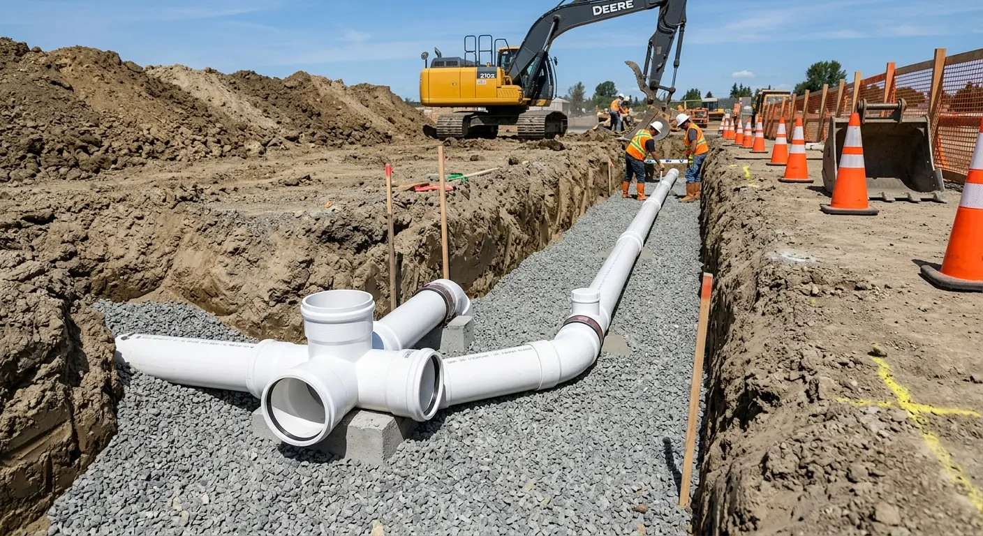 New PVC sewer pipe installation in open trench for Sewer Backup in Leesburg